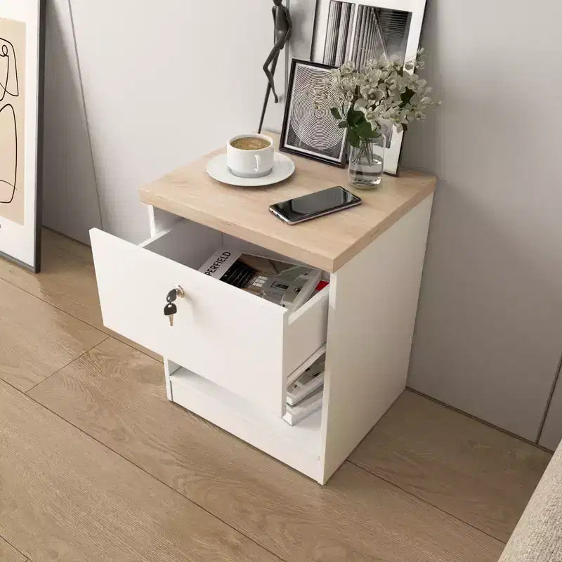 Homez 15.74 in. White and Natural Oak Rectangle Wood End Table with 1 Drawer