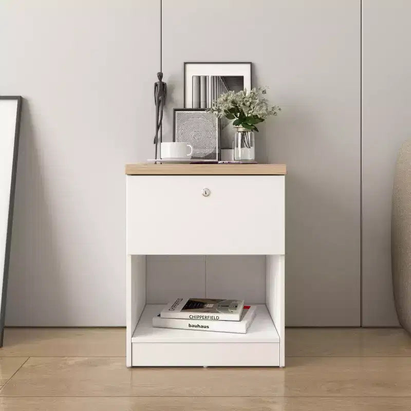 Homez 15.74 in. White and Natural Oak Rectangle Wood End Table with 1 Drawer