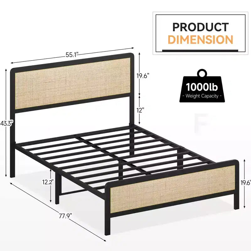 GustoWave Full Size Metal Bed Frame for Adult w/Rattan Headboard and Footboard, Under Bed Storage, No Box Spring Needed