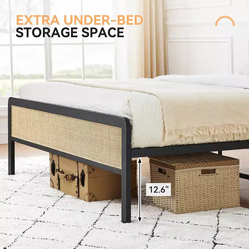 GustoWave Full Size Metal Bed Frame for Adult w/Rattan Headboard and Footboard, Under Bed Storage, No Box Spring Needed