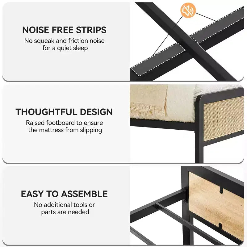 GustoWave Full Size Metal Bed Frame for Adult w/Rattan Headboard and Footboard, Under Bed Storage, No Box Spring Needed