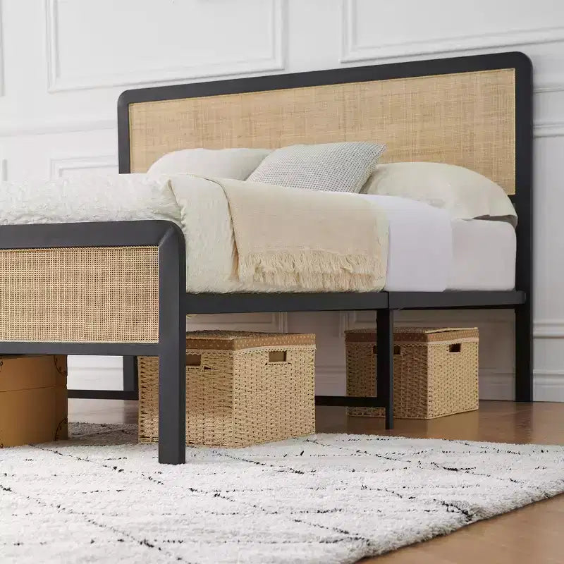GustoWave Full Size Metal Bed Frame for Adult w/Rattan Headboard and Footboard, Under Bed Storage, No Box Spring Needed
