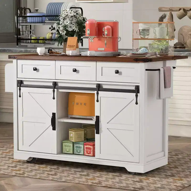 Okak Kitchen Island with Power Outlet, Kitchen Cart with 2 Sliding Barn Doors, Drop Leaf and Spice Rack, Rolling Kitchen Island for Kitchen