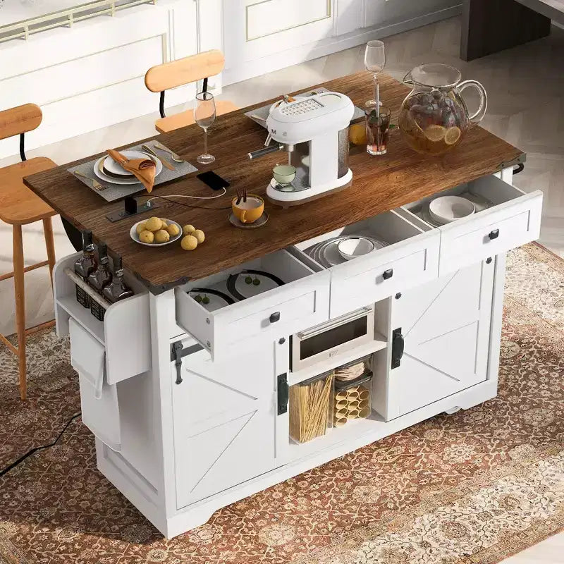 Okak Kitchen Island with Power Outlet, Kitchen Cart with 2 Sliding Barn Doors, Drop Leaf and Spice Rack, Rolling Kitchen Island for Kitchen