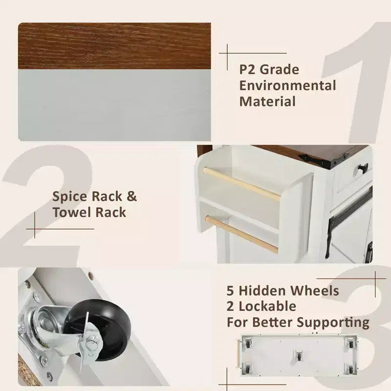 Okak Kitchen Island with Power Outlet, Kitchen Cart with 2 Sliding Barn Doors, Drop Leaf and Spice Rack, Rolling Kitchen Island for Kitchen