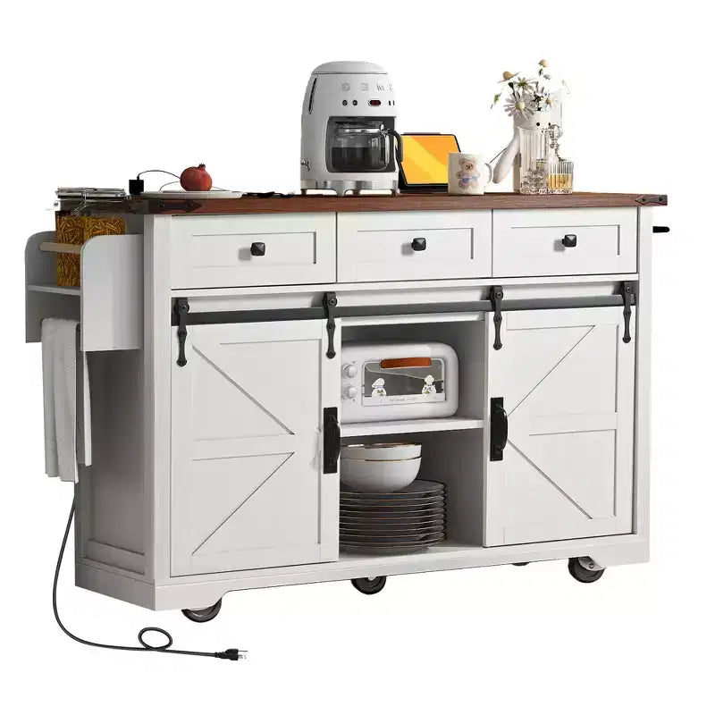 Okak Kitchen Island with Power Outlet, Kitchen Cart with 2 Sliding Barn Doors, Drop Leaf and Spice Rack, Rolling Kitchen Island for Kitchen