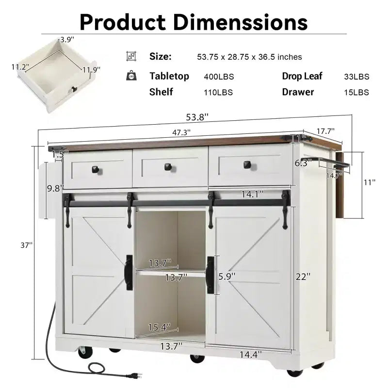 Okak Kitchen Island with Power Outlet, Kitchen Cart with 2 Sliding Barn Doors, Drop Leaf and Spice Rack, Rolling Kitchen Island for Kitchen