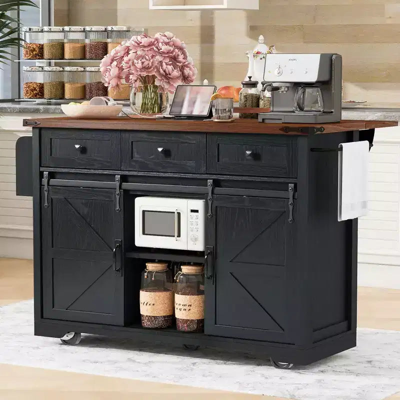 Okak Kitchen Island with Power Outlet, Kitchen Cart with 2 Sliding Barn Doors, Drop Leaf and Spice Rack, Rolling Kitchen Island for Kitchen
