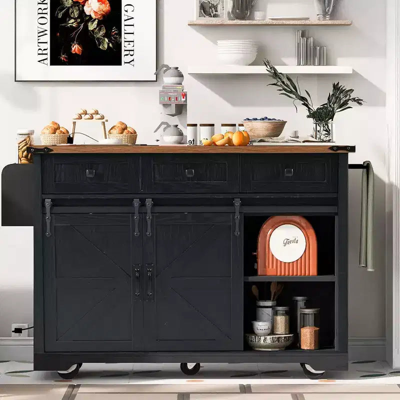 Okak Kitchen Island with Power Outlet, Kitchen Cart with 2 Sliding Barn Doors, Drop Leaf and Spice Rack, Rolling Kitchen Island for Kitchen