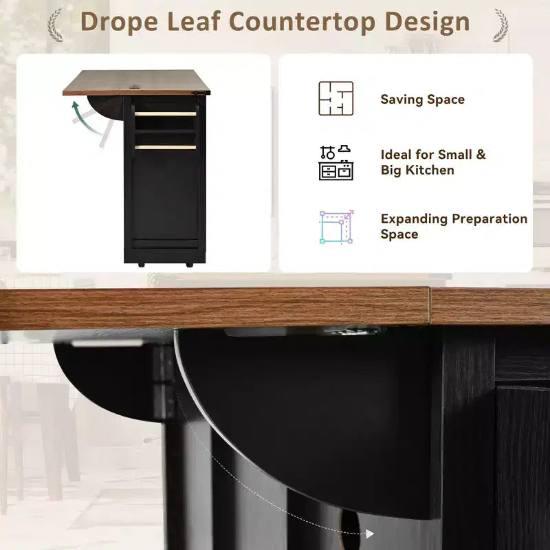 Okak Kitchen Island with Power Outlet, Kitchen Cart with 2 Sliding Barn Doors, Drop Leaf and Spice Rack, Rolling Kitchen Island for Kitchen