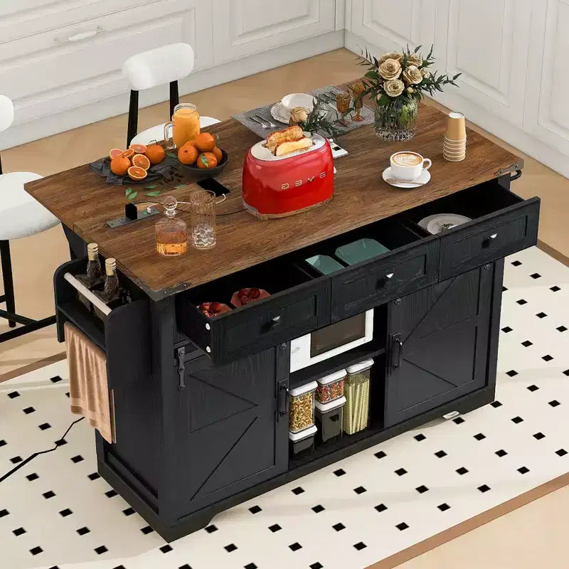 Okak Kitchen Island with Power Outlet, Kitchen Cart with 2 Sliding Barn Doors, Drop Leaf and Spice Rack, Rolling Kitchen Island for Kitchen