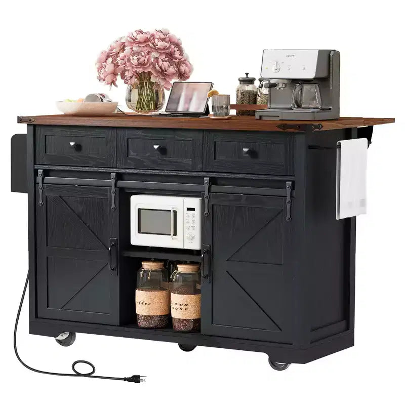 Okak Kitchen Island with Power Outlet, Kitchen Cart with 2 Sliding Barn Doors, Drop Leaf and Spice Rack, Rolling Kitchen Island for Kitchen