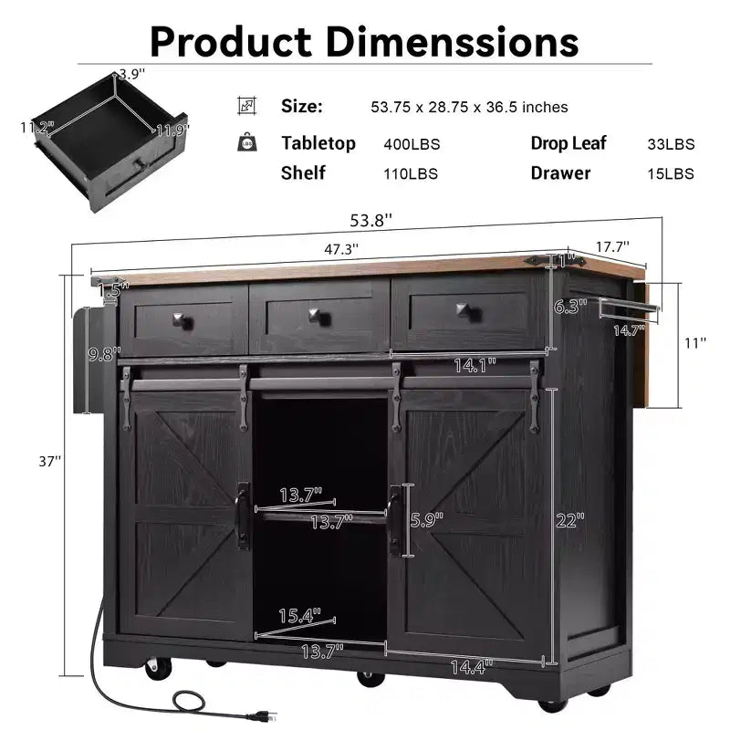 Okak Kitchen Island with Power Outlet, Kitchen Cart with 2 Sliding Barn Doors, Drop Leaf and Spice Rack, Rolling Kitchen Island for Kitchen