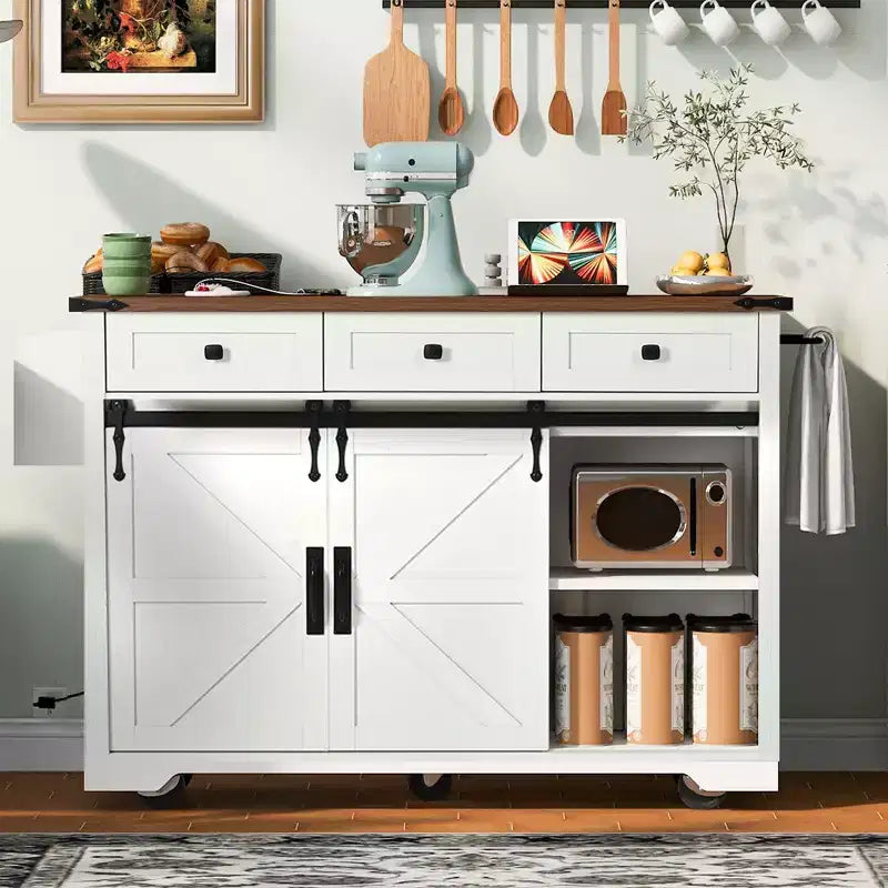 Okak Kitchen Island with Power Outlet, Kitchen Cart with 2 Sliding Barn Doors, Drop Leaf and Spice Rack, Rolling Kitchen Island for Kitchen