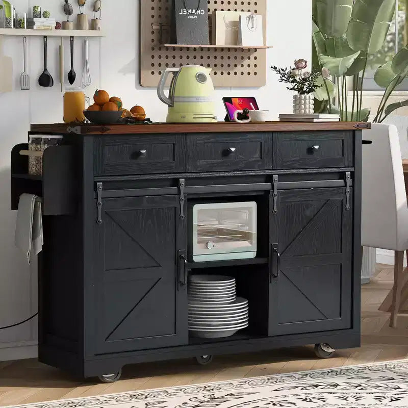 Okak Kitchen Island with Power Outlet, Kitchen Cart with 2 Sliding Barn Doors, Drop Leaf and Spice Rack, Rolling Kitchen Island for Kitchen