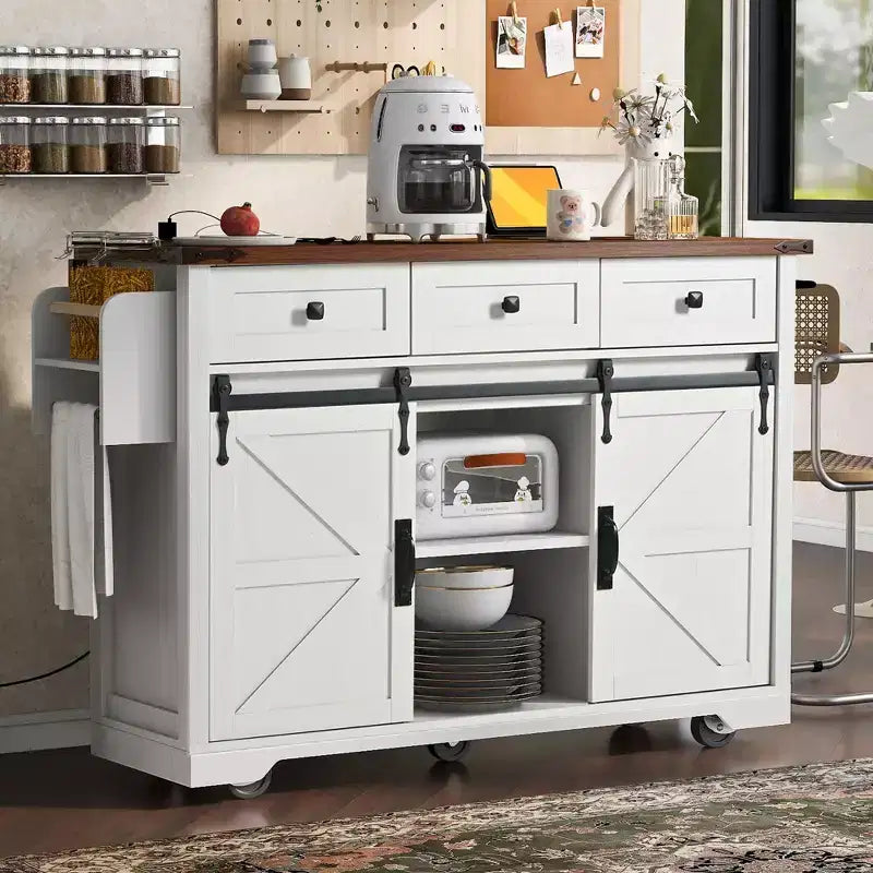 Okak Kitchen Island with Power Outlet, Kitchen Cart with 2 Sliding Barn Doors, Drop Leaf and Spice Rack, Rolling Kitchen Island for Kitchen