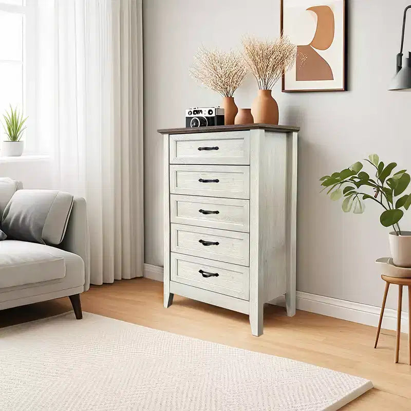Wooden drawer cabinet, tall rustic-style vanity with wide metal handles, suitable for storage organization in bedrooms, hallways, and living rooms.