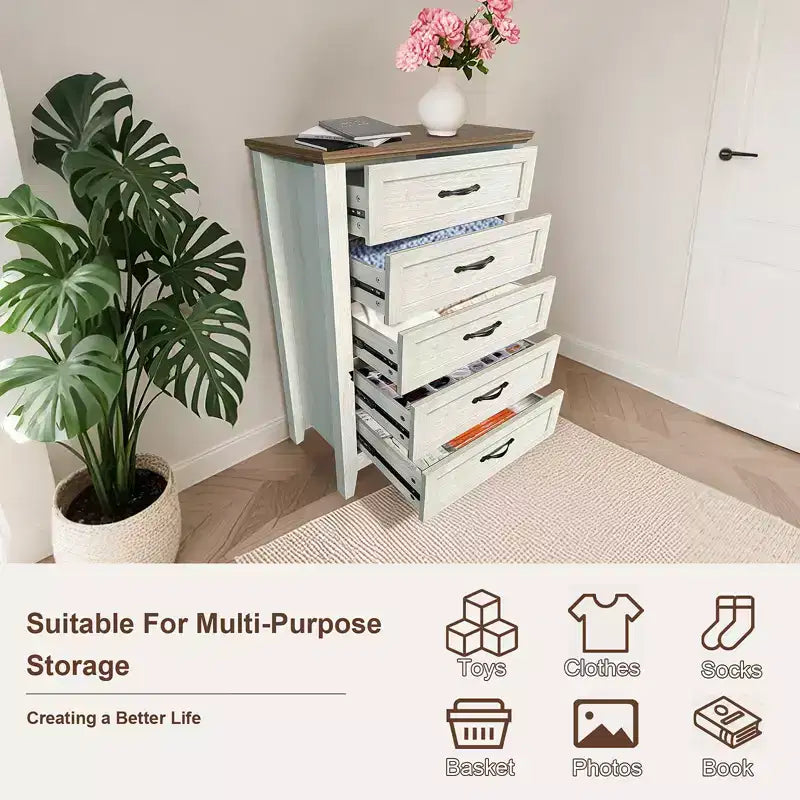 Wooden drawer cabinet, tall rustic-style vanity with wide metal handles, suitable for storage organization in bedrooms, hallways, and living rooms.