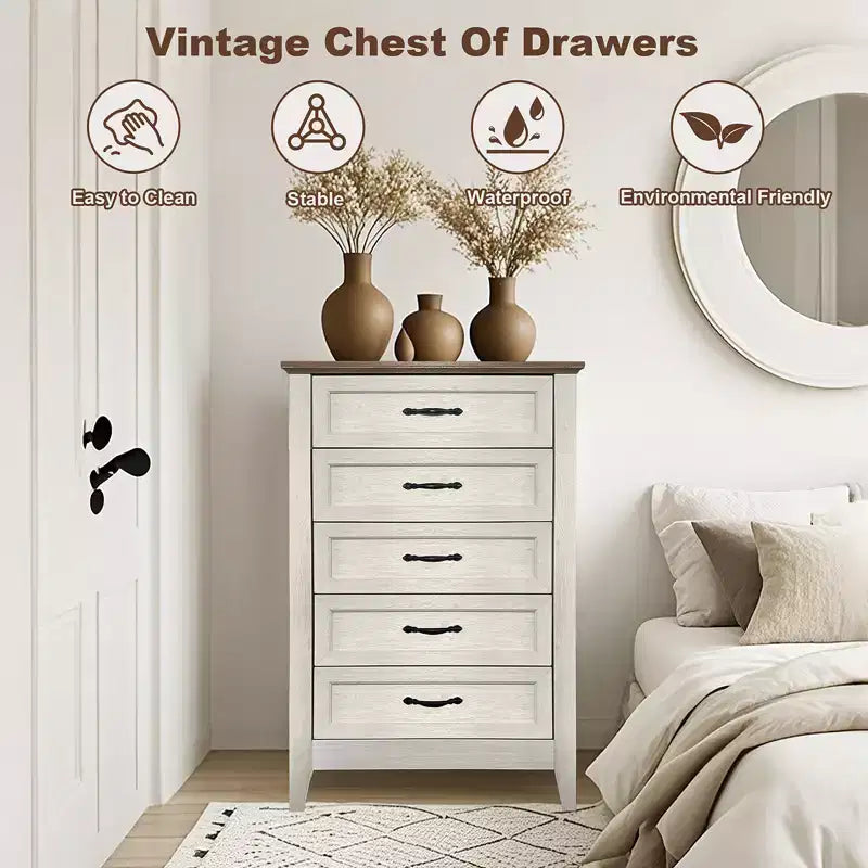 Wooden drawer cabinet, tall rustic-style vanity with wide metal handles, suitable for storage organization in bedrooms, hallways, and living rooms.