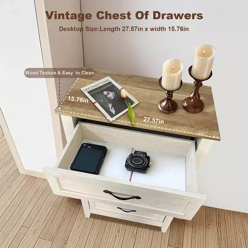 Wooden drawer cabinet, tall rustic-style vanity with wide metal handles, suitable for storage organization in bedrooms, hallways, and living rooms.