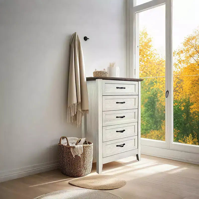 Wooden drawer cabinet, tall rustic-style vanity with wide metal handles, suitable for storage organization in bedrooms, hallways, and living rooms.