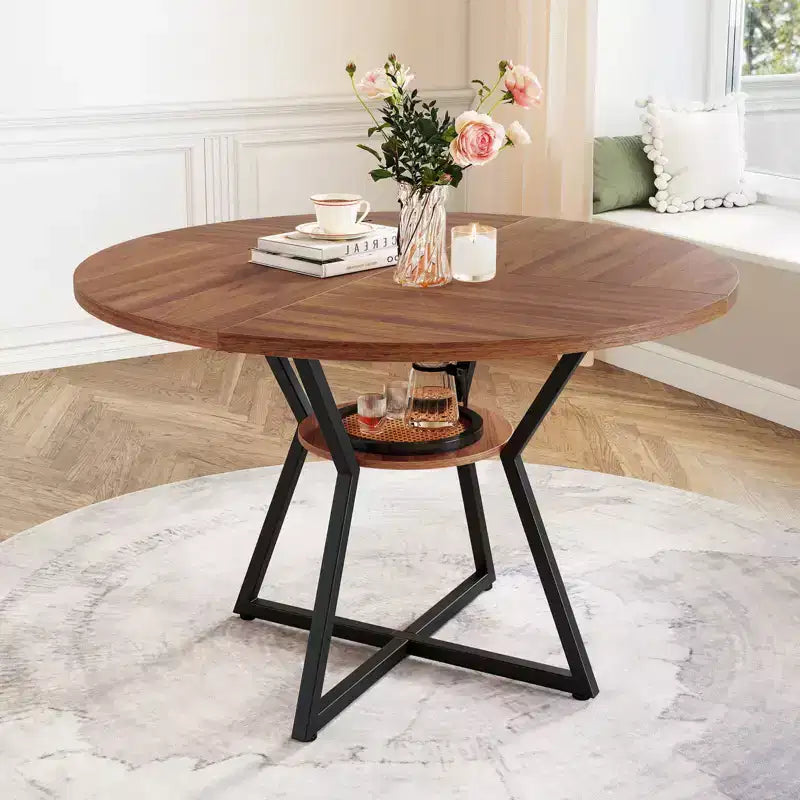 Costway 47 Round Dining Table for 4 with Storage Shelf, Wooden Tabletop, Metal Base