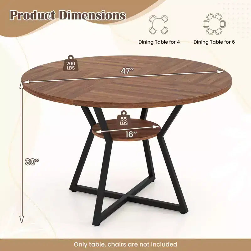 Costway 47 Round Dining Table for 4 with Storage Shelf, Wooden Tabletop, Metal Base