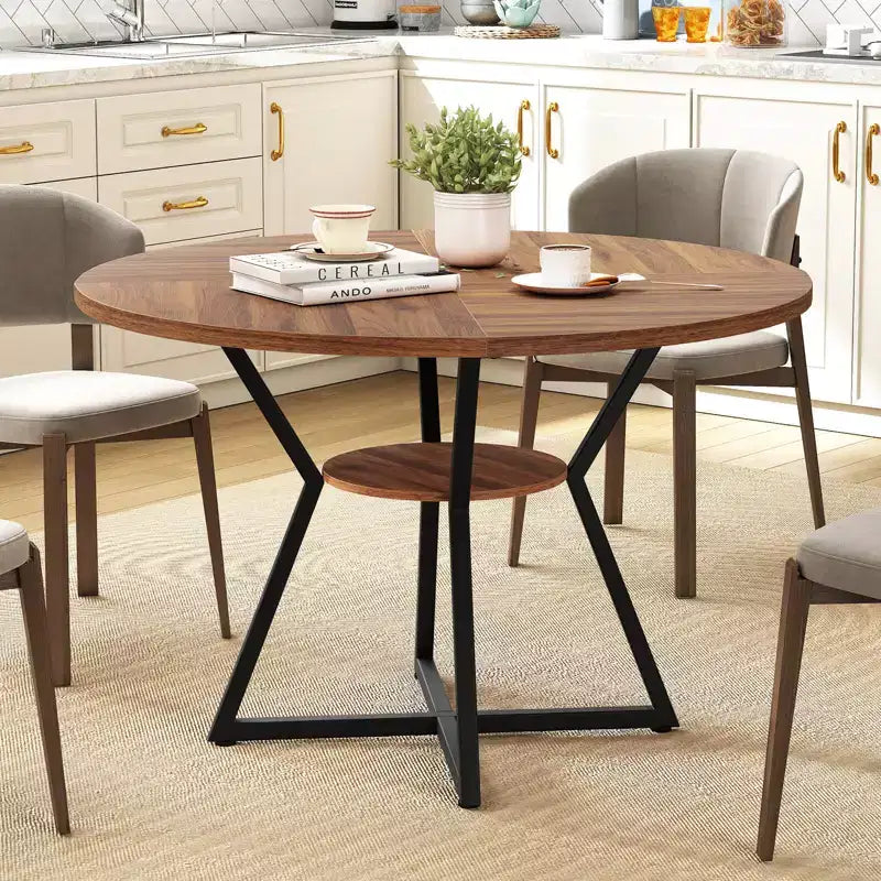 Costway 47 Round Dining Table for 4 with Storage Shelf, Wooden Tabletop, Metal Base