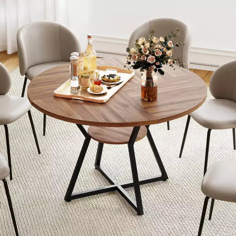 Costway 47 Round Dining Table for 4 with Storage Shelf, Wooden Tabletop, Metal Base