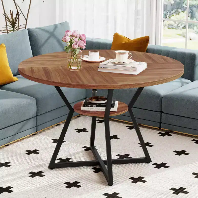 Costway 47 Round Dining Table for 4 with Storage Shelf, Wooden Tabletop, Metal Base