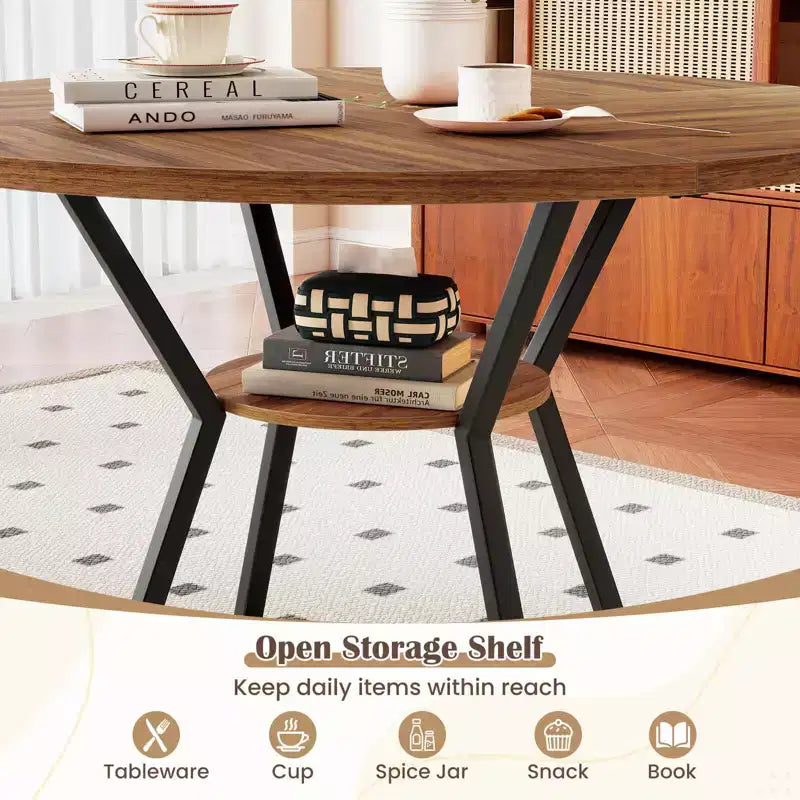 Costway 47 Round Dining Table for 4 with Storage Shelf, Wooden Tabletop, Metal Base