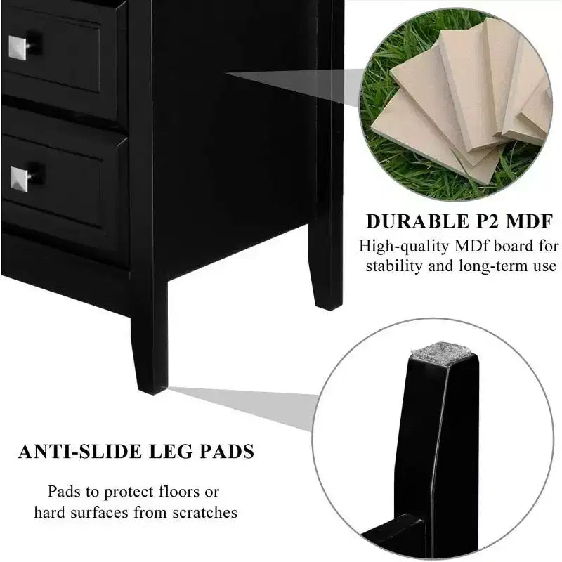 Bonnlo Upgraded Black Nightstand with Drawers, Night Stands for Bedrooms, Modern Bed Side Table