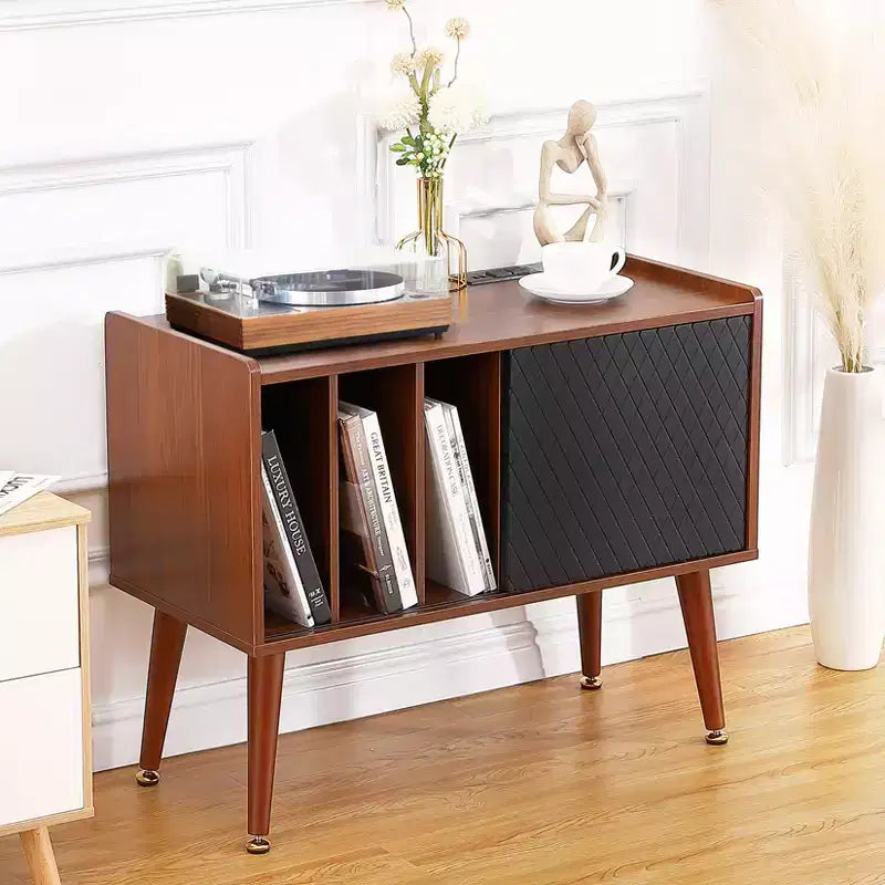 COZONY Large Vinyl Record Storage Stand with Sliding Door, Turntable Cabinet for Living Room and Bedroom, Rustic Side Table with Ample Storage Space