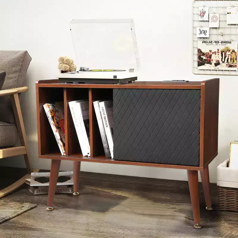 COZONY Large Vinyl Record Storage Stand with Sliding Door, Turntable Cabinet for Living Room and Bedroom, Rustic Side Table with Ample Storage Space