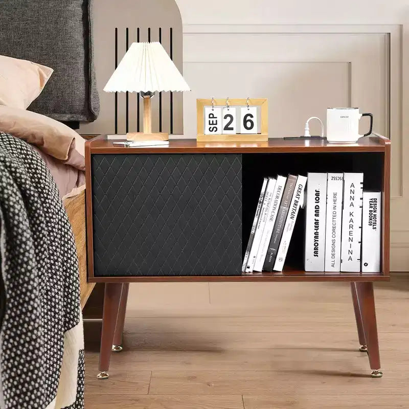 COZONY Large Vinyl Record Storage Stand with Sliding Door, Turntable Cabinet for Living Room and Bedroom, Rustic Side Table with Ample Storage Space