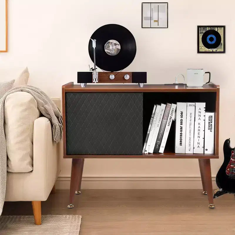 COZONY Large Vinyl Record Storage Stand with Sliding Door, Turntable Cabinet for Living Room and Bedroom, Rustic Side Table with Ample Storage Space