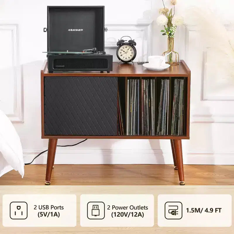 COZONY Large Vinyl Record Storage Stand with Sliding Door, Turntable Cabinet for Living Room and Bedroom, Rustic Side Table with Ample Storage Space