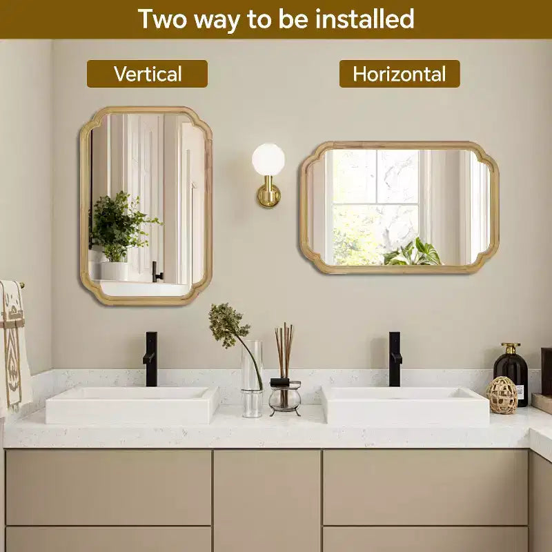 PexFix 20 x 30 Rounded Corner Solid Wood Frame Decorative Mirror Modern Farmhouse Wall Mirror For Bedroom Bathroom Living Room Entryway Natural