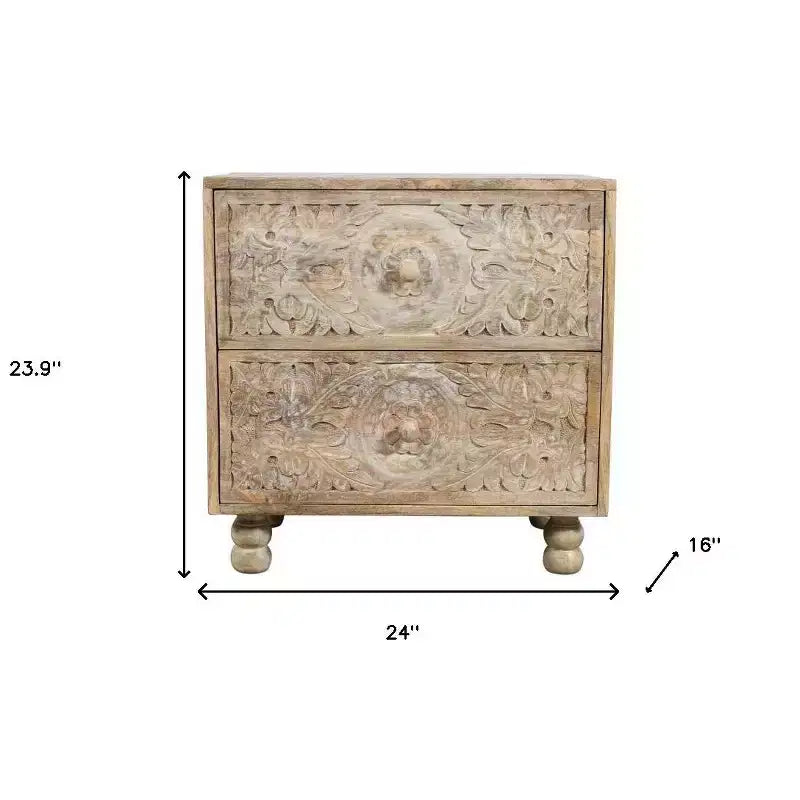 HomeRoots 24 Natural Two Drawer Distressed Carved Floral Solid Wood Nightstand