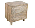 HomeRoots 24 Natural Two Drawer Distressed Carved Floral Solid Wood Nightstand