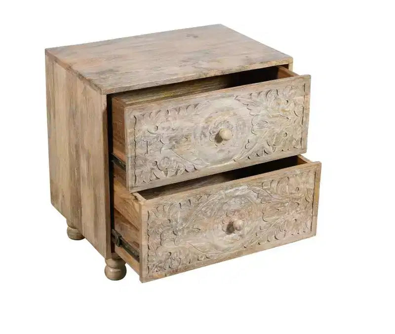 HomeRoots 24 Natural Two Drawer Distressed Carved Floral Solid Wood Nightstand