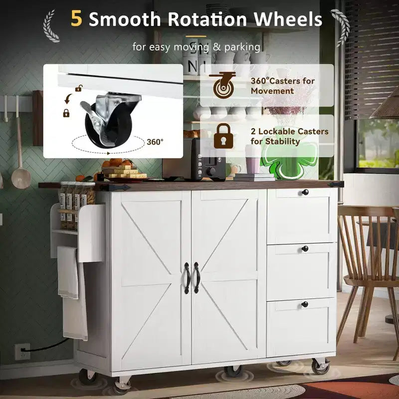 Okak Farmhouse Kitchen Island with Power Outlet, Kitchen Island On Wheels with Internal Storage Rack, Drop Leaf and Spice Rack for Dining Room
