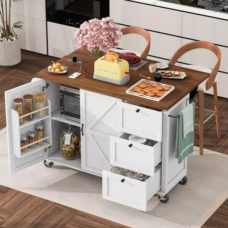 Okak Farmhouse Kitchen Island with Power Outlet, Kitchen Island On Wheels with Internal Storage Rack, Drop Leaf and Spice Rack for Dining Room
