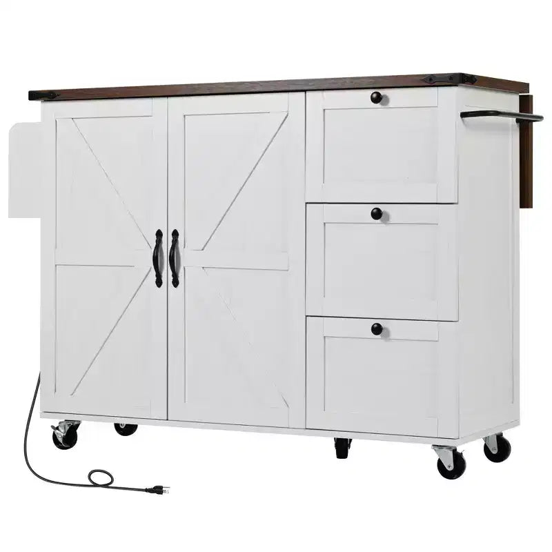 Okak Farmhouse Kitchen Island with Power Outlet, Kitchen Island On Wheels with Internal Storage Rack, Drop Leaf and Spice Rack for Dining Room