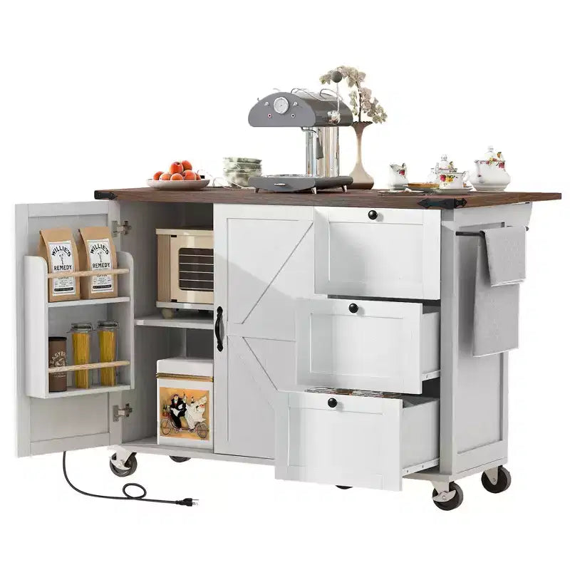 Okak Farmhouse Kitchen Island with Power Outlet, Kitchen Island On Wheels with Internal Storage Rack, Drop Leaf and Spice Rack for Dining Room