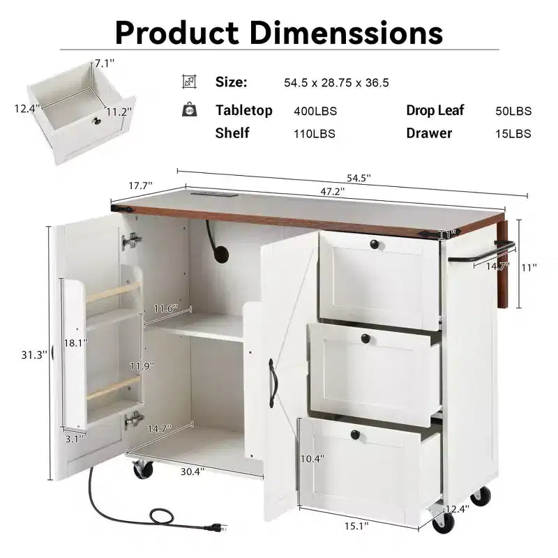 Okak Farmhouse Kitchen Island with Power Outlet, Kitchen Island On Wheels with Internal Storage Rack, Drop Leaf and Spice Rack for Dining Room