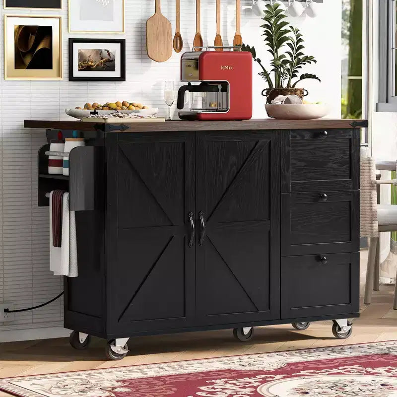 Okak Farmhouse Kitchen Island with Power Outlet, Kitchen Island On Wheels with Internal Storage Rack, Drop Leaf and Spice Rack for Dining Room