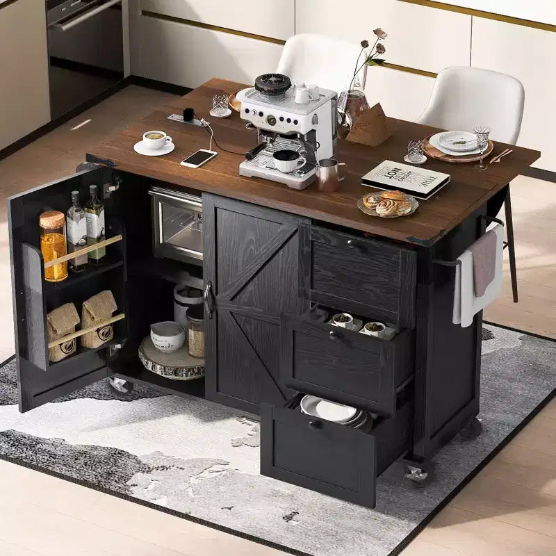 Okak Farmhouse Kitchen Island with Power Outlet, Kitchen Island On Wheels with Internal Storage Rack, Drop Leaf and Spice Rack for Dining Room
