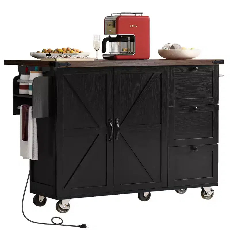 Okak Farmhouse Kitchen Island with Power Outlet, Kitchen Island On Wheels with Internal Storage Rack, Drop Leaf and Spice Rack for Dining Room