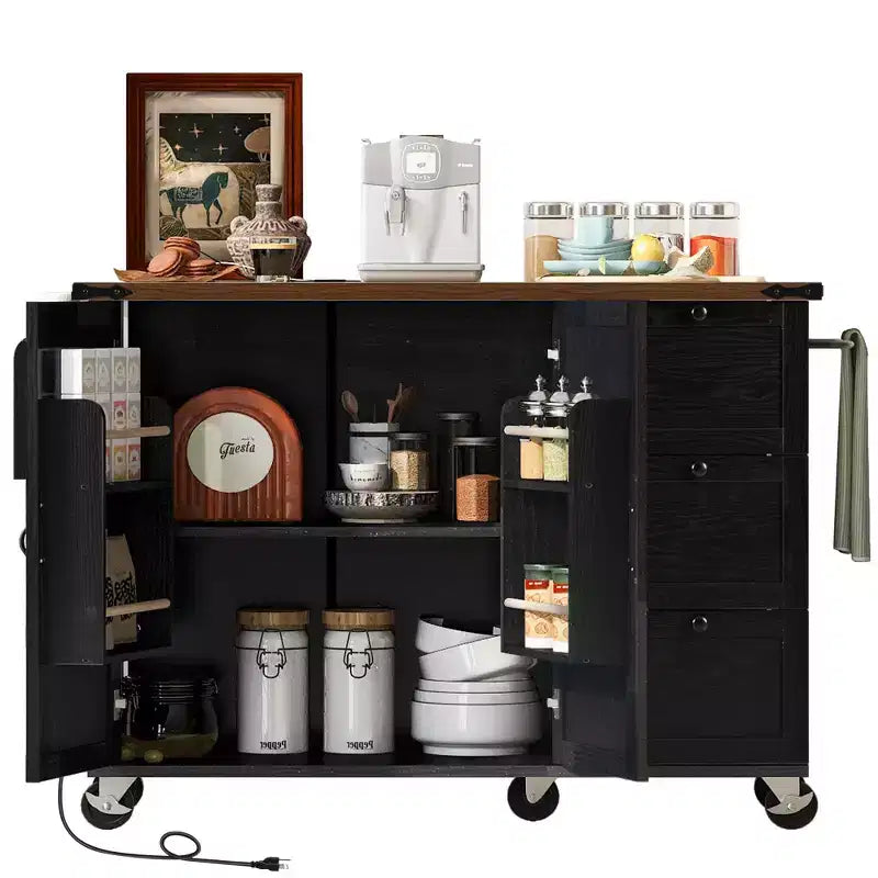 Okak Farmhouse Kitchen Island with Power Outlet, Kitchen Island On Wheels with Internal Storage Rack, Drop Leaf and Spice Rack for Dining Room